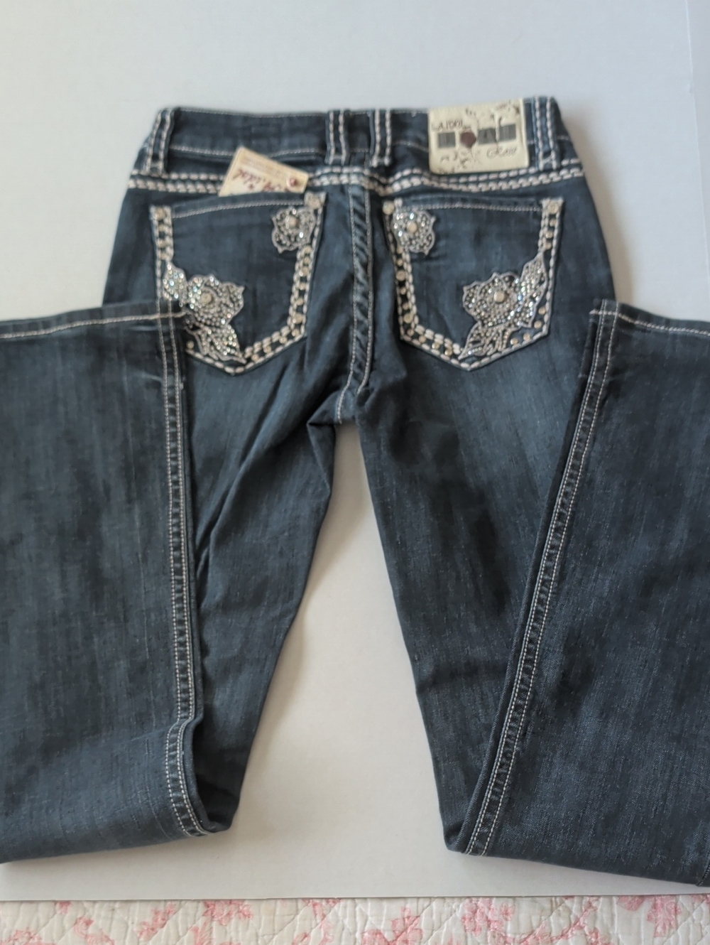 L.A. idol Dark Wash Bootcut Jeans with Rhinestone Embellished Pockets
